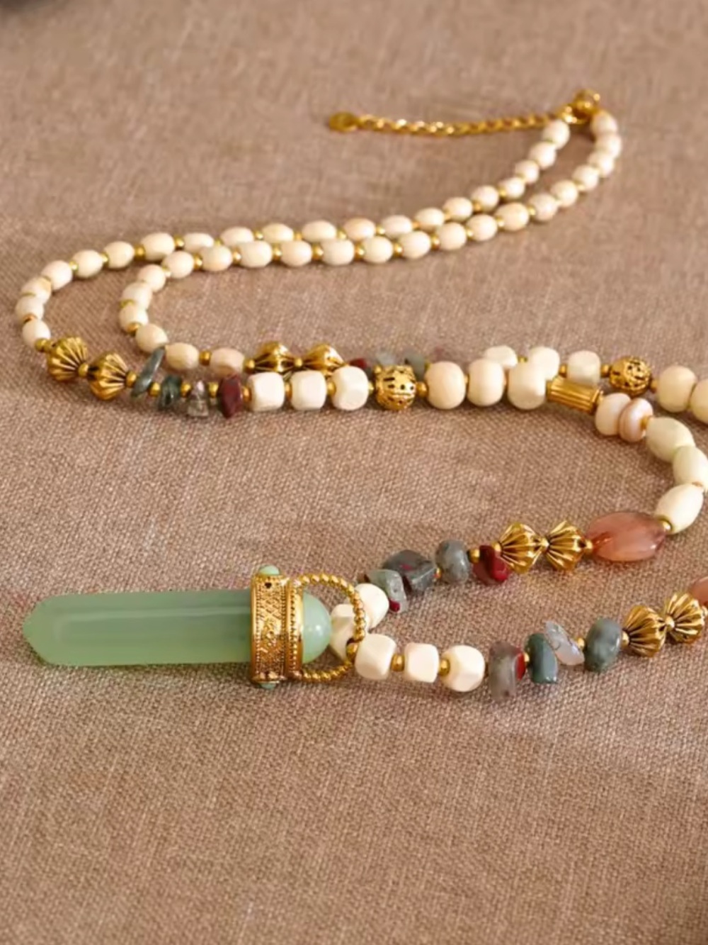 Green Jade Beaded Artisan Long Necklace - Picture 14 of 15